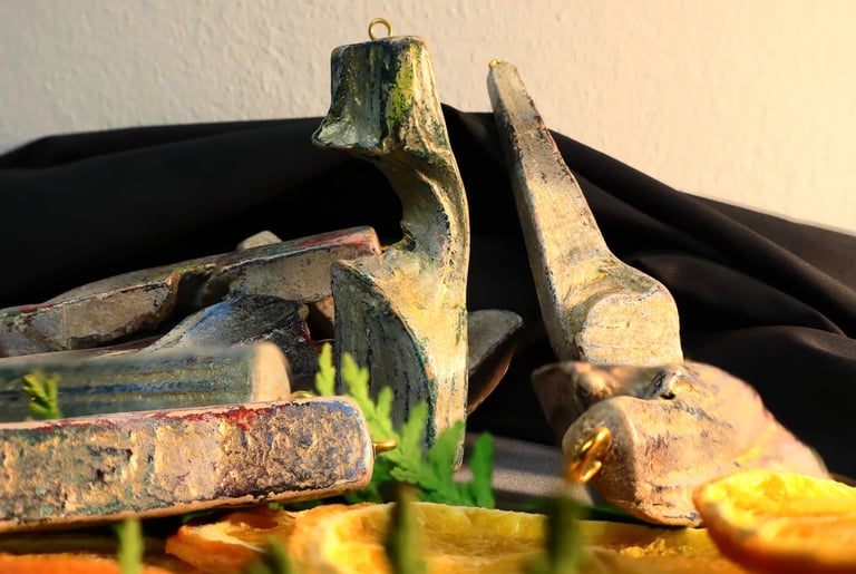 Nahaufnahme von einigen formschönen, abstrakt bemalten Holzscheiten zur weihnachtlichen Dekoration