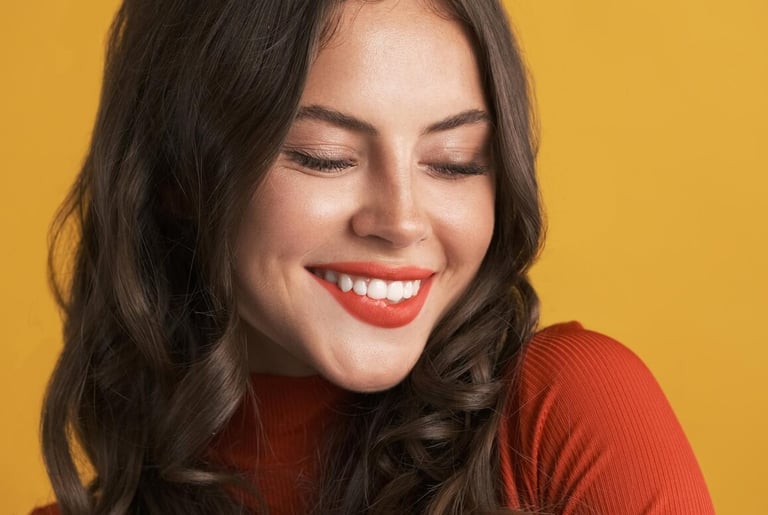 woman wearing red teeth whitening