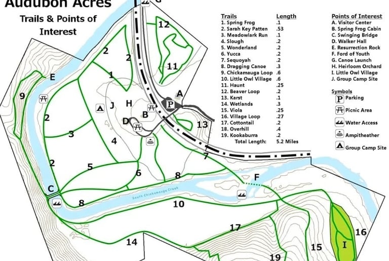 Chattanooga - map of points of interest, trails and the creek at Audubon Acres