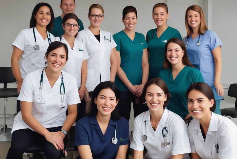 A team of home care professionals smiling together.