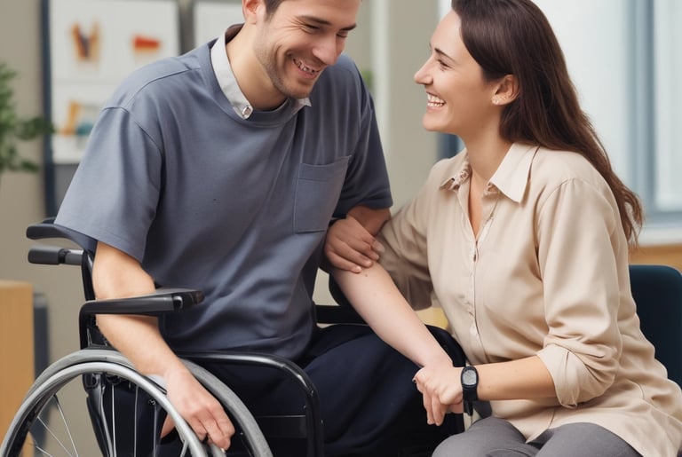 a man in a wheelchair is standing next to a woman in a wheelchair