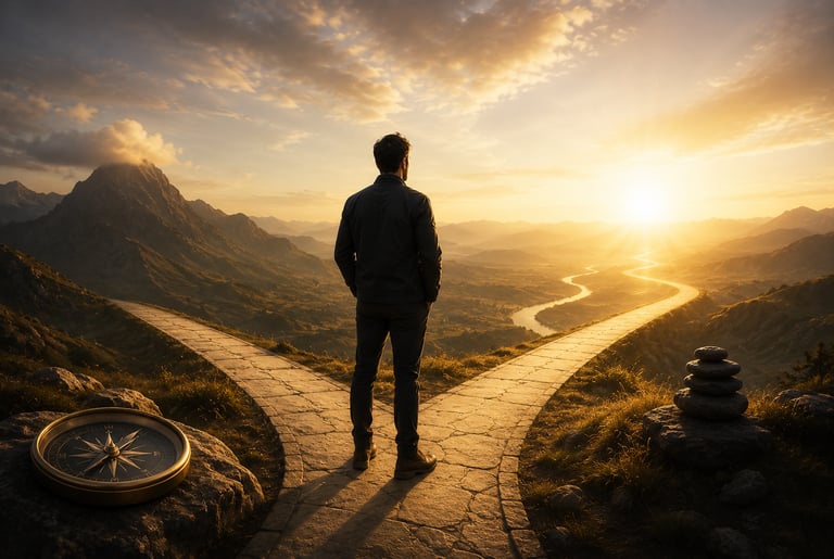 A man stands at a mountain fork in the road during a golden sunset, symbolizing life choices and direction.