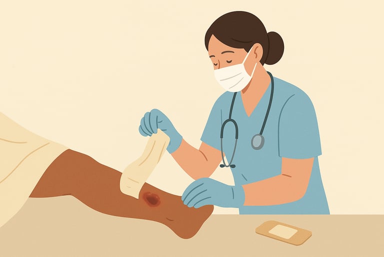 a nurse changing the dressing/bandage on a chronic wound