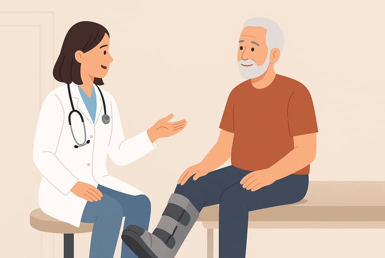 a doctor and a patient with an offloading device on his leg