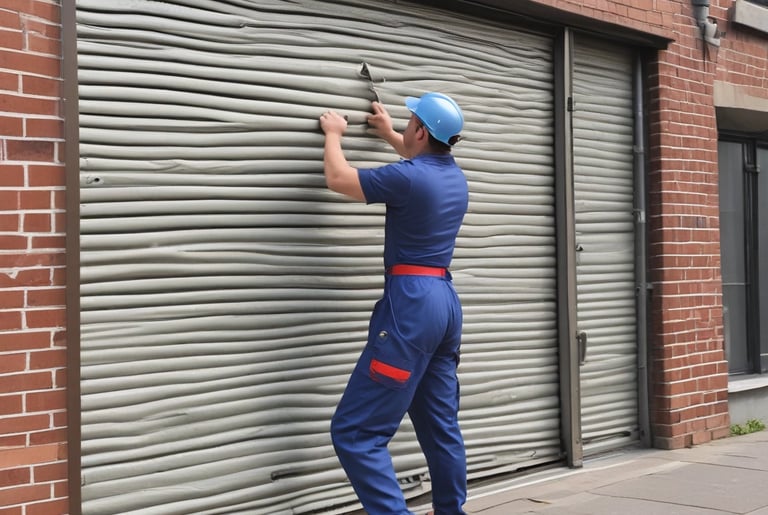 A closed metal roller shutter with horizontal ridges set within a reddish brick wall. A small rectangular cut-out is visible in the center of the door. The wall has a pipe running vertically on the right side.