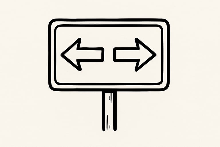 Bord met twee pijlen: links en rechts, symboliseert moeilijke keuzes of dilemma’s.