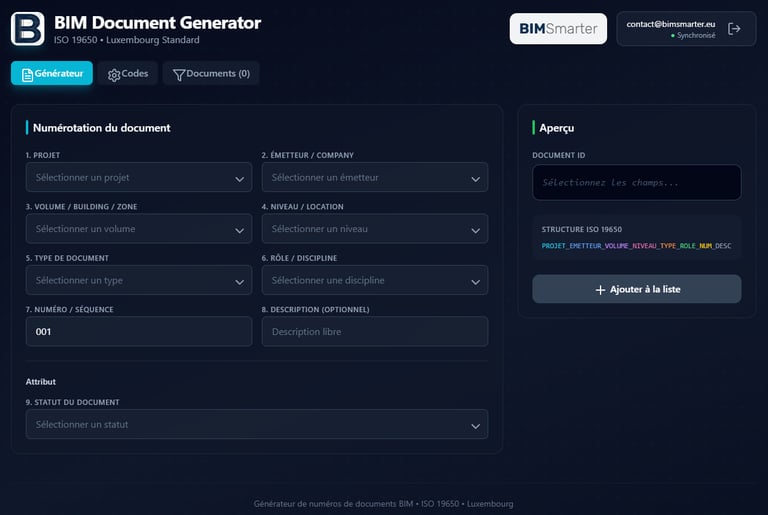 Interface du générateur de nommage ISO 19650 de BIMsmarter pour standardiser les documents.