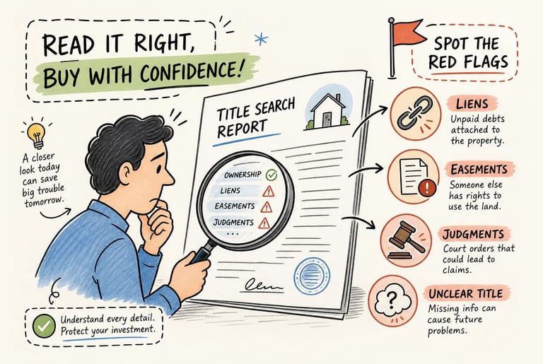 Illustration of a man reviewing a title search report for property liens, easements, and red flags.
