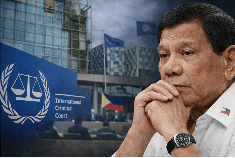 Rodrigo Duterte pictured alongside the International Criminal Court logo and building in The Hague.