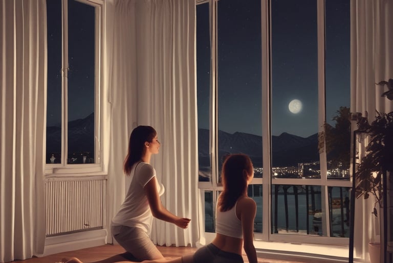A focused professional stretching and relaxing after a workout in a cozy home setting.