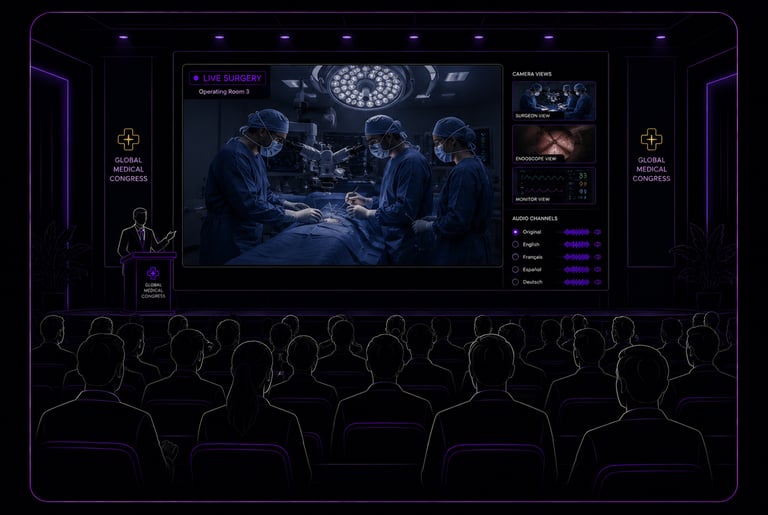 Illustration of a medical congress audience watching a live surgery broadcast on a large conference 