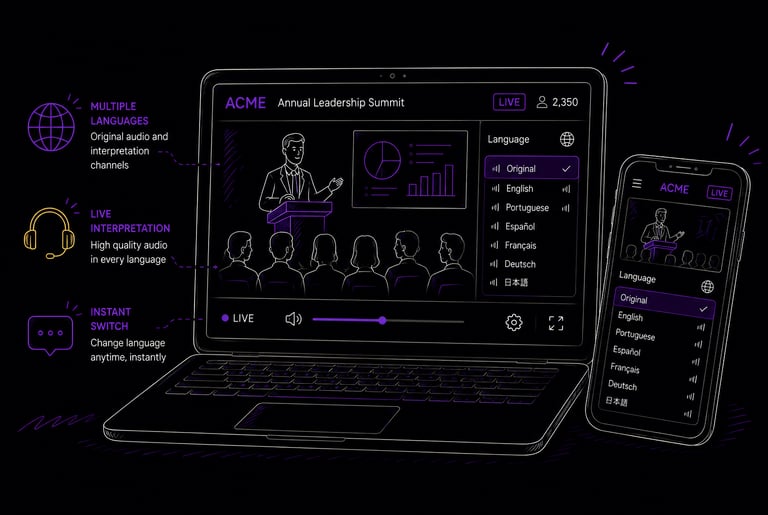 Illustration of a multilingual live streaming interface with language options for original audio, En
