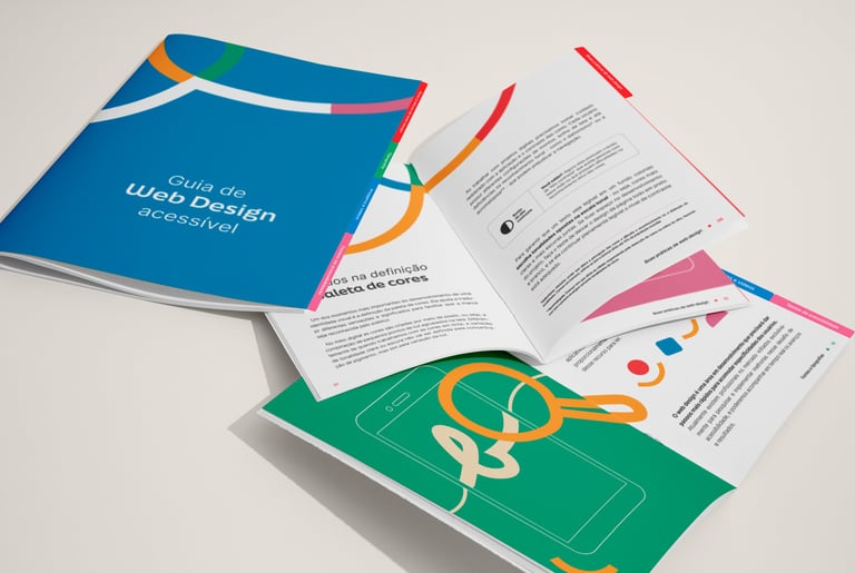 A imagem mostra o Guia de Web Design Acessível fechado e aberto.