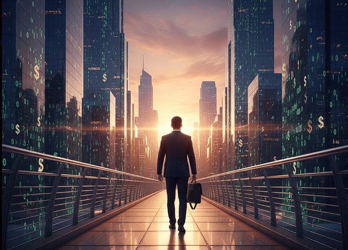A professional person confidently walking towards a glowing digital horizon of a modern city. Symbol