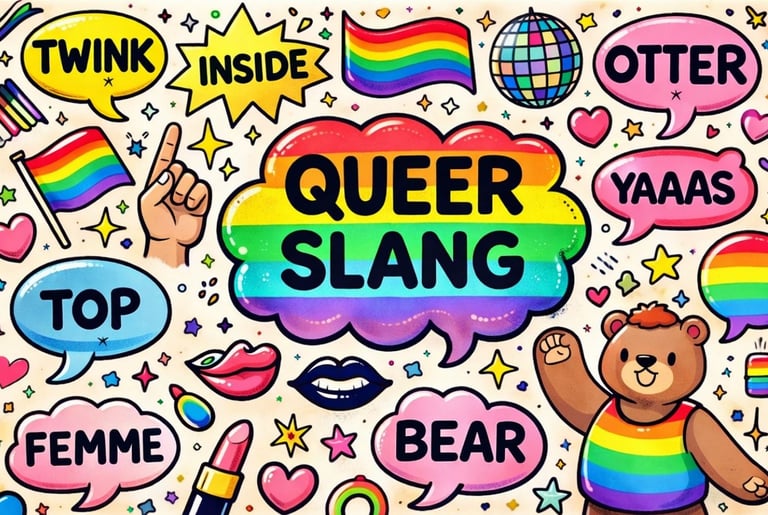 Colourful illustrated queer slang graphic with rainbow pride elements, speech bubbles and LGBT terms in a fun cartoon style.
