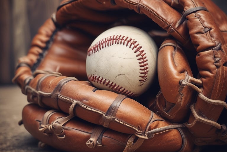a photo of an old baseball glove and ball