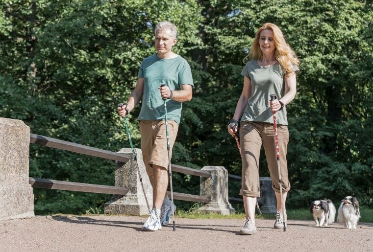 a man and woman walking with their dogs