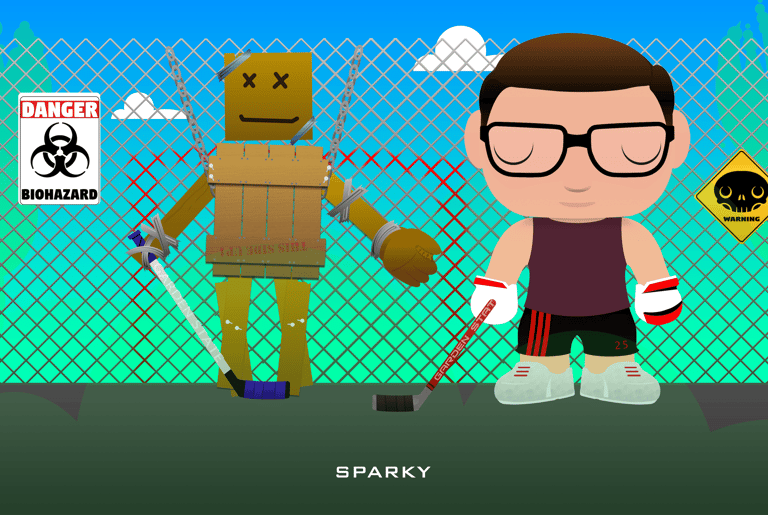 An adorable man stands in a biohazard area playing street hockey.