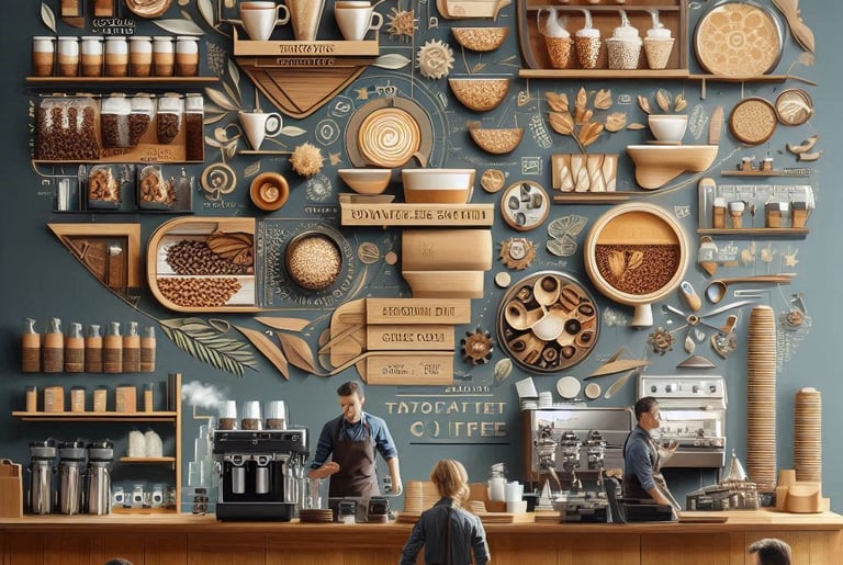 a restaurant with a wall with a large wall mural of a variety of different types