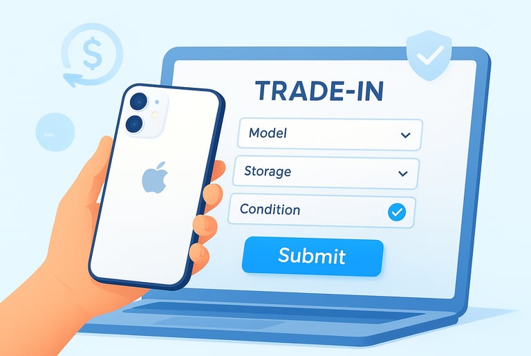 a person holding a phone in front of a before trading in the phone