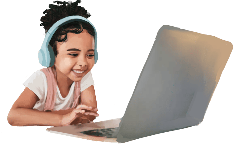 A young girl working on her laptop wearing blue headphones