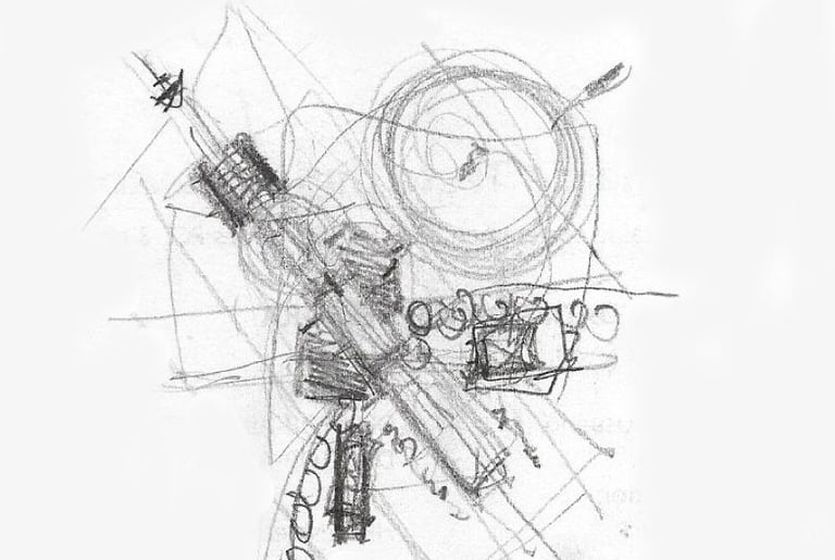 esboço conceitual do projeto com o programa, o rio, e o labirinto