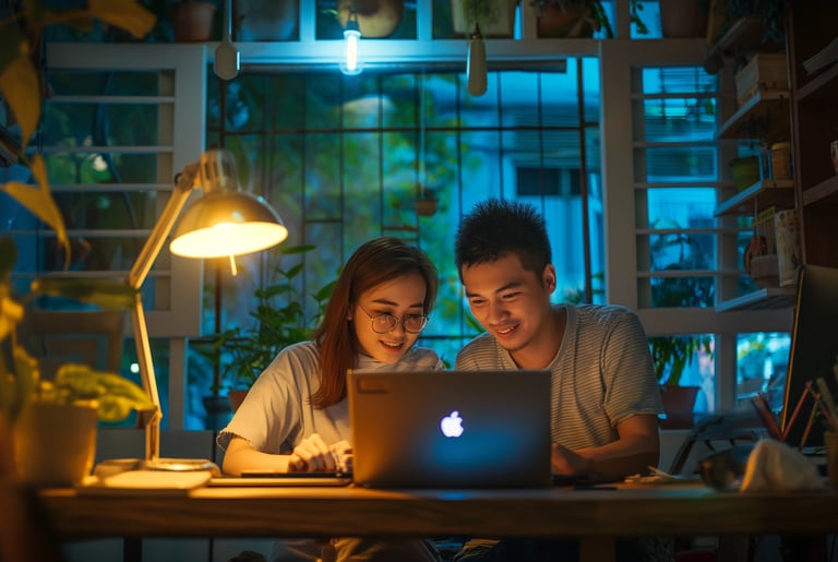 a man and woman sitting at a desk with a laptop