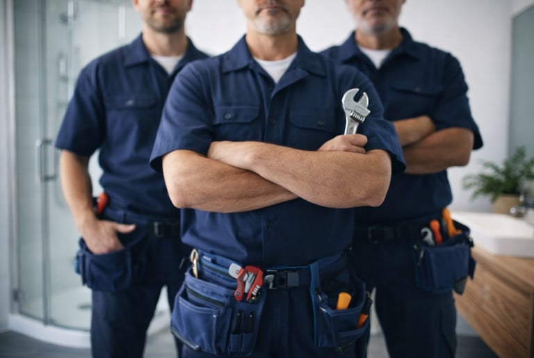 Professional shower repair technicians in blue uniforms with tools ready for work in Auckland