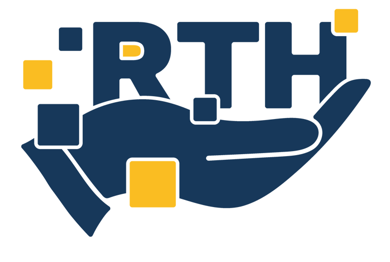 A dark blue hand cradling the RTH logo letters with scattered yellow square digital accents.