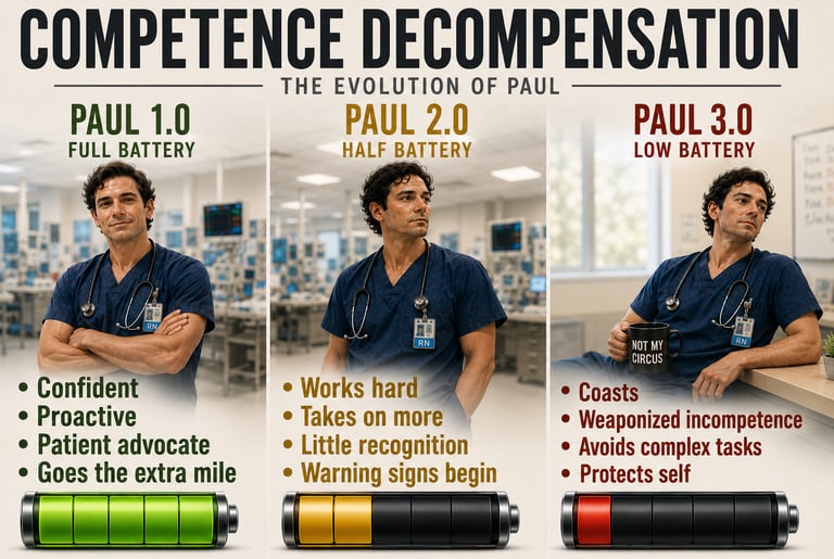 Three stages of nurse Paul as his battery drains from full to low, illustrating how workplace pressures reshape behavior.