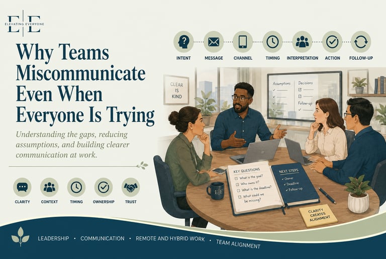 Illustration of a diverse team collaborating in a workspace to improve workplace communication and team alignment.