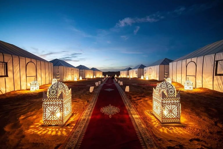 Céu incrivelmente estrelado sobre as dunas, camelos ao fundo, criando cenário perfeito para fotograf