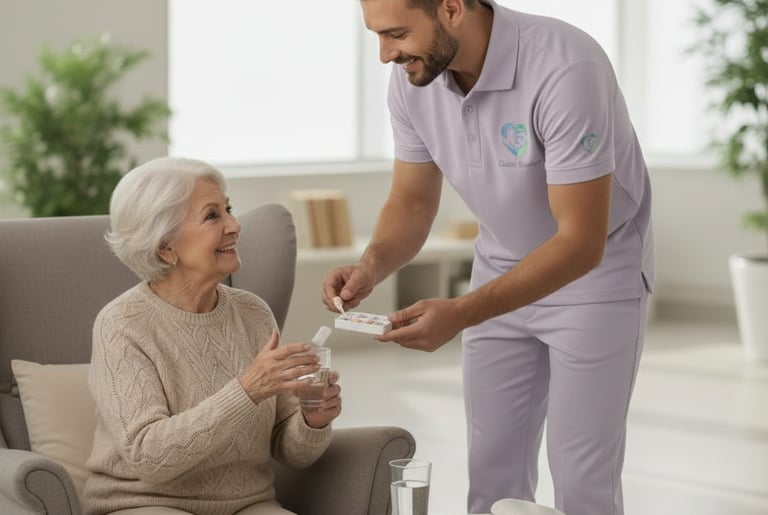 cuidador ayudando con la medicación a una anciana