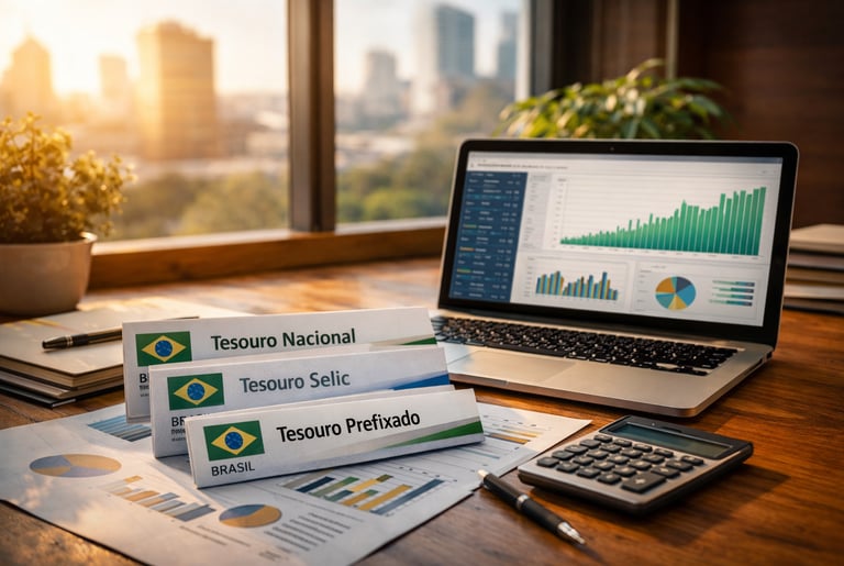 Mesa com títulos do Tesouro Direto, laptop com gráficos e documentos financeiros ao pôr do sol.