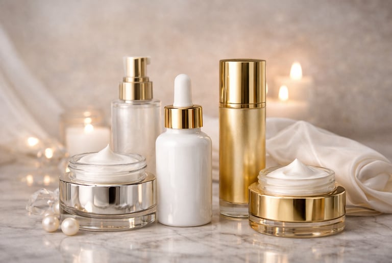 Luxury skincare products including face cream jars and serum bottles with gold accents on marble.