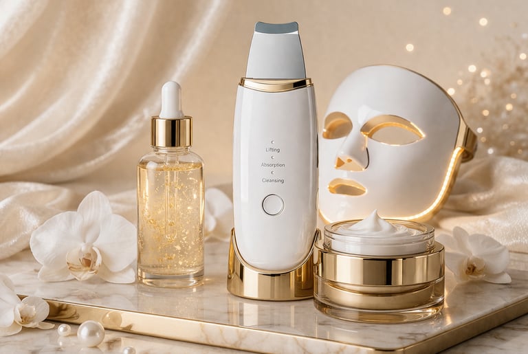 Ultrasonic skin scrubber with LED face mask and luxury anti-aging skincare products on marble.