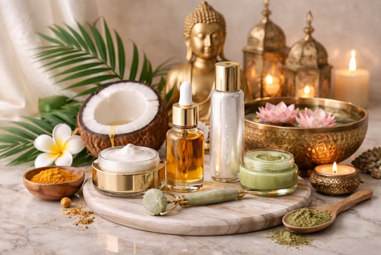 Ayurvedic skincare set with natural oils, face cream, and jade roller on a marble table with Buddha statue.