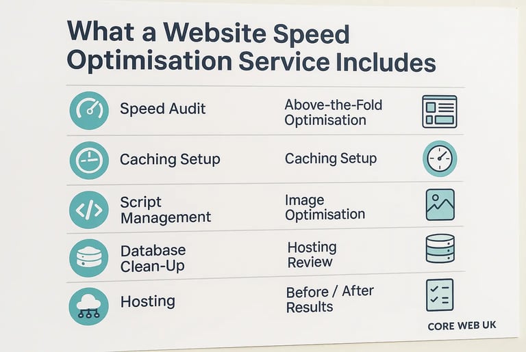 Infographic showing what a website speed optimisation service includes, such as speed audit, caching