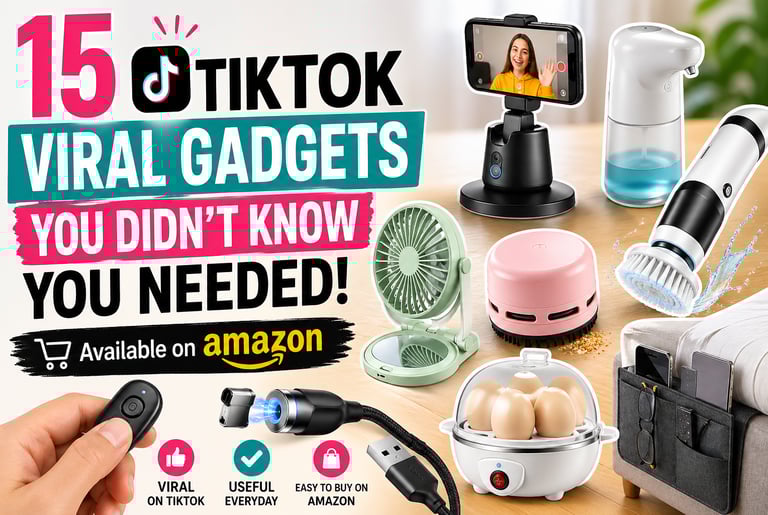 Collection of 15 viral TikTok gadgets on Amazon including an egg cooker, mini fan, and automatic soap dispenser.