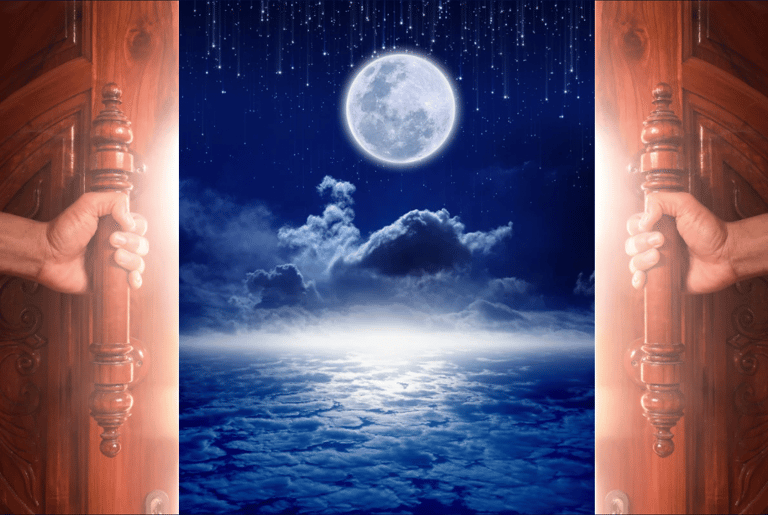 Doors opening to a moonlit scene