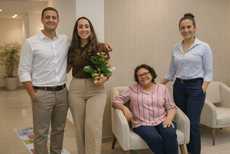 CEO e equipe sorriem ao lado de paciente com flores em recepção clínica moderna e acolhedora