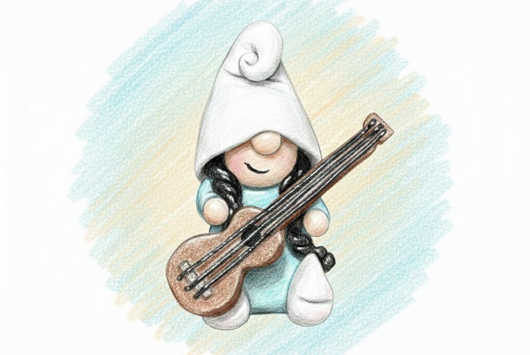 Hand-drawn illustration of a cute garden gnome girl playing an acoustic guitar.