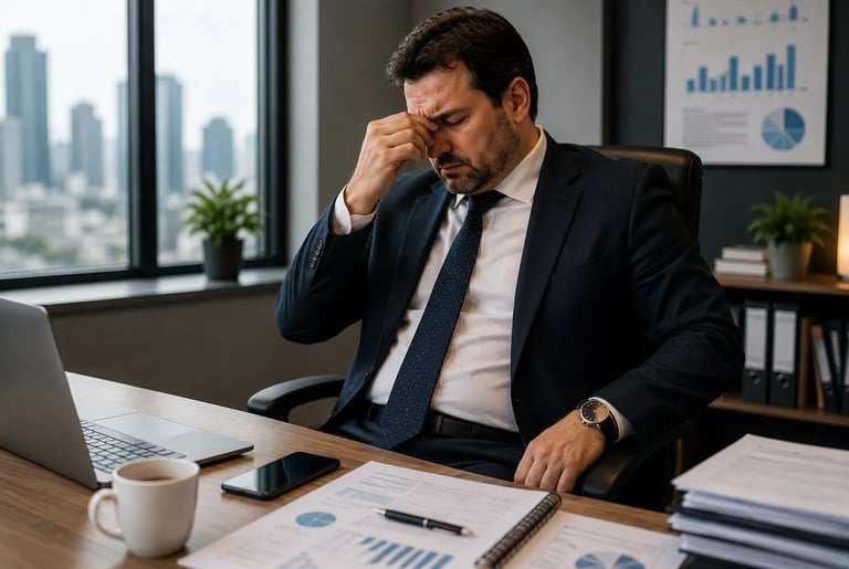 Homme stressé et fatigué au bureau, assis devant son ordinateur dans un environnement professionnel.
