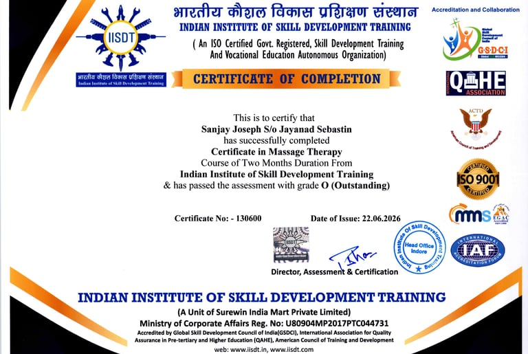 Official Certificate of Completion for Massage Therapy from the Indian Institute of Skill Development Training.