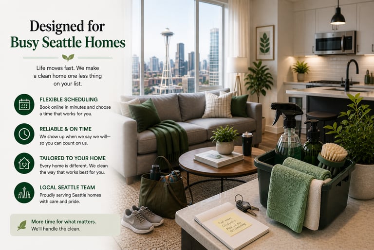 Professional cleaning supplies and a note for "dry cleaning" sit on a table, with a modern living room and the Seattle