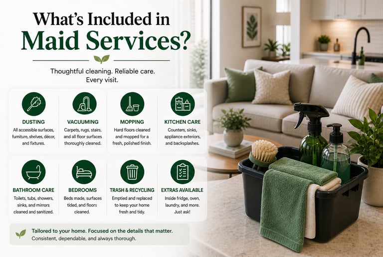 Professional maid services cleaning checklist with green cleaning supplies in a modern living room.