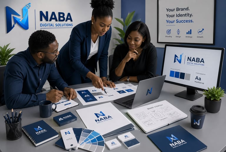 Professional branding team collaborating on brand identity design