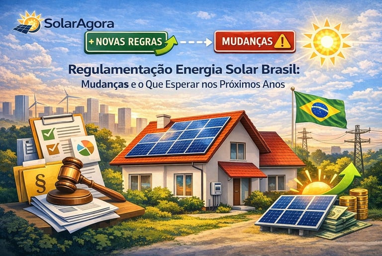 Ilustração de casa com painéis solares representando mudanças na regulamentação da energia solar no 