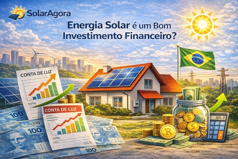 Painéis solares representando energia solar como investimento financeiro, com gráfico de crescimento