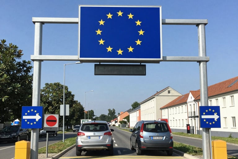 Customs officer reviewing official documents at a European border checkpoint under clear skies.